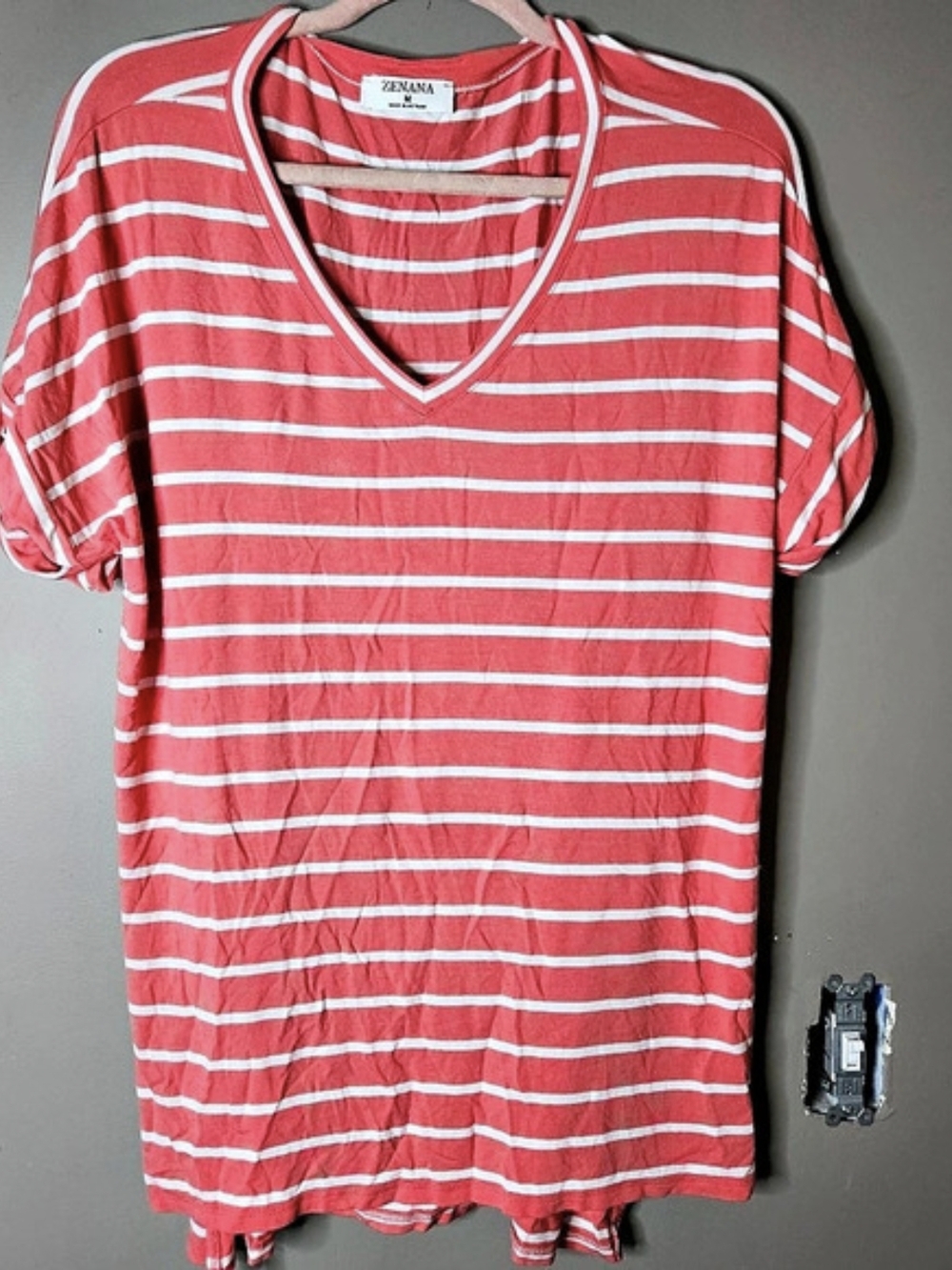 ZENANA Striped V-Neck Top in Pink & White Size Medium Ptp 24" Looks Orange To Me